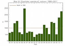 Blmeis oversikt (myr+overvkning), hst 1990-2011
